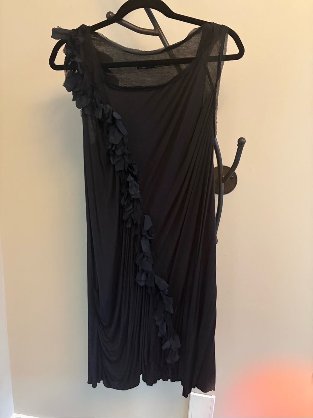 All Saints Black One-Shoulder Draped Midi Dress with Floral Trim